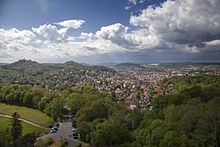 Panorama of Eisenach with the Wartburg, seen from the Burschenschaftsdenkmal on the Göpelskuppe