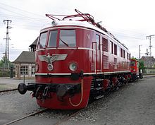 Electric locomotive E 19 in the Nuremberg Museum of Transport with swastika eagle (replica)