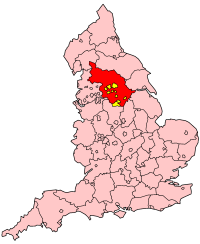 The West Riding of Yorkshire as an administrative county from 1888 to 1974. The independent county boroughs are marked in yellow.