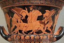 Hypnos and Thanatos carrying the body of Sarpedon. Attic red-figure goblet crater. Euxitheos (potter), Euphronios (painter), c. 515 BC.