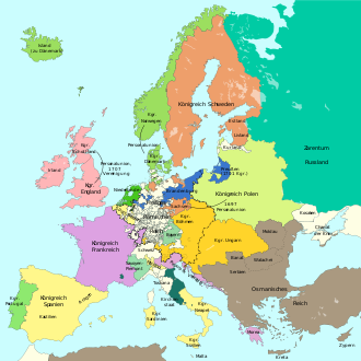 Europe in 1701. The border of the Holy Roman Empire is shown dashed. Spanish possessions outside the Iberian Peninsula included the Spanish Netherlands, the Duchy of Milan, and the Kingdoms of Naples, Sicily, and Sardinia