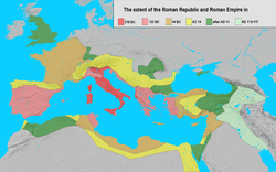 L'estensione della Repubblica Romana e dell'Impero Romano nel 218 a.C. (rosso scuro), 133 a.C. (rosso chiaro), 44 a.C. (arancione), 14 d.C. (giallo), dopo il 14 d.C. (verde), e la massima estensione sotto Traiano 117 (verde chiaro).