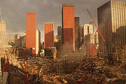 De locatie van het World Trade Center 17 dagen na de terroristische aanslagen van 11 september 2001.  