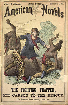Un roman de 10 cenți din 1874 cu poza lui Carson pe copertă.  