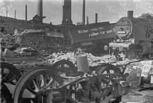 Destroyed locomotives of the Reichsbahn in Dresden, on one tender the slogan "Wheels must roll for victory".