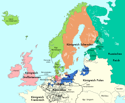 Territorial changes in Northern, Eastern and Central Europe due to the peace treaties of Nystad (1721), Stockholm (1719/1720) and Fredericksborg (1720): Russian gains (Baltic provinces, Ingermanland, Karelia). Hanoverian gains (Duchy of Bremen-Verden) Danish gains (ducal share of Schleswig) Prussian gains (parts of Western Pomerania)