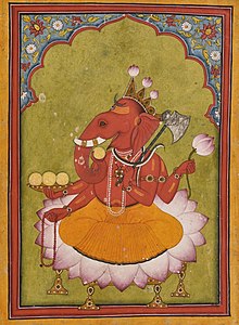 Ganesha with a plate full of modakas, miniature, around 1730 in the National Museum New Delhi