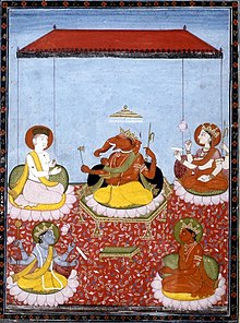 Een op Ganesha gerichte Panchayatana ("vijf godheden", uit de Smarta-traditie): Ganesha (midden) met Shiva (linksboven), Devi (rechtsboven), Vishnu (linksonder) en Surya (rechtsonder). Al deze godheden hebben ook aparte sekten die aan hen gewijd zijn.  