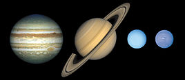 De buitenste planeten: Van links naar rechts: Jupiter, Saturnus, Uranus en Neptunus.  