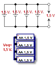 Parallel geschakelde batterijen - weergegeven in een schema en een tekening