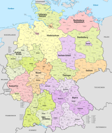 Political division of Germany into federal states, administrative districts, (rural) counties and independent cities
