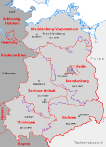 States of the GDR until 1950/1952 (purple), Federal States 1990 (red)
