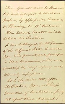List Davida Willsa, v ktorom žiada Abrahama Lincolna o niekoľko poznámok. Uvádza sa v ňom aj to, že Edward Everett prednesie prejav.