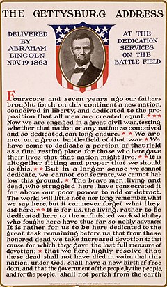 Een vroeg twintigste eeuwse poster met een portret van Abraham Lincoln boven de woorden van de Gettysburg toespraak  