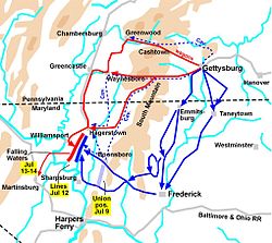 Carte de la retraite de la campagne de Gettysburg (5-14 juillet)