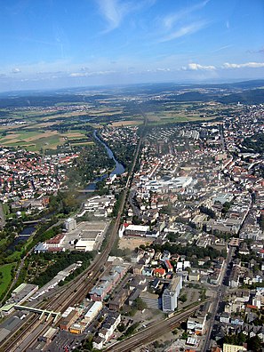 Aerial view of Giessen's city centre and the river Lahn