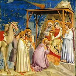 Matteo racconta che i saggi dell'Oriente vennero a portare doni preziosi a Gesù Bambino (dipinto da Giotto nel 1300)