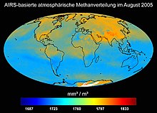 Atmospheric methane distribution in August 2005, measured with the Atmospheric Infrared Sounder (AIRS) on board the Aqua satellite.