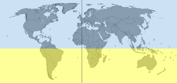Distribution of the continents on both sides of the equator and the prime meridian (without Antarctica). Part of the northern hemisphere highlighted in blue