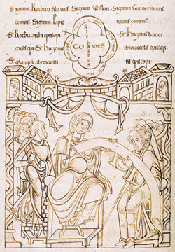 Gonnora confirmando una carta de la abadía de Mont Saint Michel, siglo XII (del archivo de la abadía). Aquí firmó con su verdadero título de condesa  