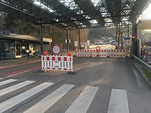 Closed border crossing between Gaißau (AT) and Rheineck (CH). Austrian driving ban in front, Swiss driving ban in back (17 March 2020).