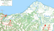 Mappa della battaglia, 23 - 26 ottobre. Le forze di Sumiyoshi attaccano a ovest al Matanikau (sinistra) mentre la 2a divisione di Maruyama attacca il perimetro di Lunga da sud (destra)