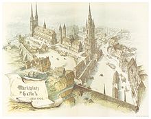 Market place in 1500, with the Gertraudenkirche and the Marienkirche before their demolition - lithograph from Hertzberg: Geschichte der Stadt Halle an der Saale von den Anfängen bis zur Neuzeit, Volume 1, 1889