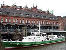 Customs cruiser Glückstadt in front of the German Customs Museum in Hamburg