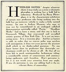Éditorial du magazine Photoplay de septembre 1921. Il dit à ses lecteurs de ne pas voir le film américain Heedless Moths (1921), car il comporte une scène avec une femme nue.