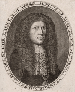 Un retrato del compositor, grabado por Paulus Seel para las Sonatae Violino solo de Biber (1681)  