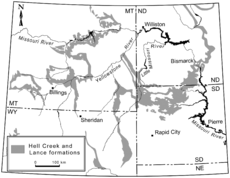 Kaart van de Hell Creek en Lance formaties in het westen van Noord-Amerika