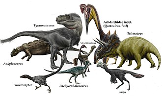 Live reconstructions of various typical dinosaurs of the Hell Creek Formation. From back to front: Ankylosaurus, Tyrannosaurus, Quetzalcoatlus (a pterosaur), Triceratops, Struthiomimus, Pachycephalosaurus, Acheroraptor and Anzu.