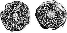 Copper coin of Herod: Obverse helmet with cheek guard, inscription: "of King Herod"; reverse Macedonian shield.