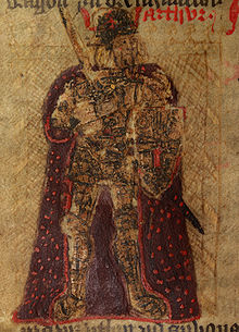 Koning Arthur. Een ruwe illustratie uit een 15e-eeuwse Welsh-talige versie van Geoffrey van Monmouth's Historia Regum Britanniae