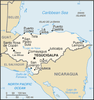 Et kort over Honduras.  