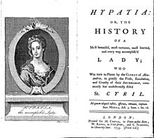 Frontispiece and title page of John Toland's anti-Catholic treatise Hypatia: Or the History of a most beautiful, most vertuous, most learned, and every way accomplish'd Lady
