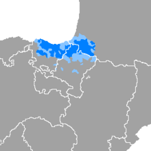Basque language area in the Bay of Biscay, light - low proportion of Basque speakers, dark blue - high proportion of Basque speakers