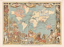 Британия, разположена върху глобус в центъра на карта на Британската империя от 1888 г.  