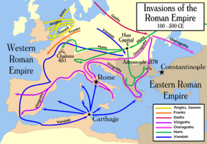 Le tribù tedesche e unne invasero l'Impero Romano, 100-500 d.C. Queste invasioni causarono la caduta dell'Impero Romano d'Occidente nel V secolo d.C.