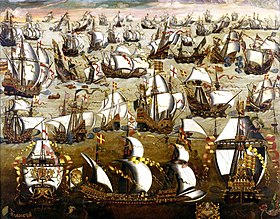 The Battle between the Spanish Armada and the English Fleet (painting of the English School, 16th century)