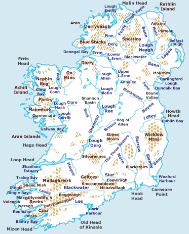 Några av de större eller mer kända floderna på Irland visas på denna karta.  
