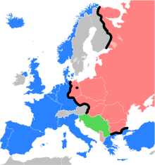The Iron Curtain in Europe during the Cold War. Yugoslavia and Albania were socialist countries, but from 1948 and 1961 respectively they were no longer Eastern bloc states.