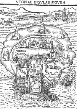 The woodcut in the 1516 edition shows an island whose outline resembles a crescent moon