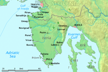 Location of Pula on the southern tip of Istria