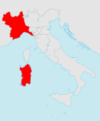 Poloha kráľovstva spojeného s Piemontom s výhľadom na jeho vzťah v modernom Taliansku.