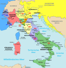 Habsburg states, Bourbon states, red years = annexation to Sardinia-Piedmont or Italy.