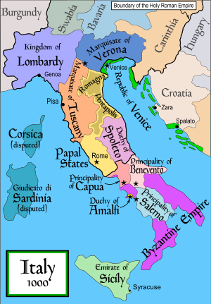 Een kaart van Italië met het vorstendom Capua, zoals het er in 1000 na Christus uitzag.  