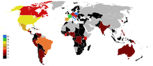 Países que João Paulo II visitou, mostrando o número de visitas.