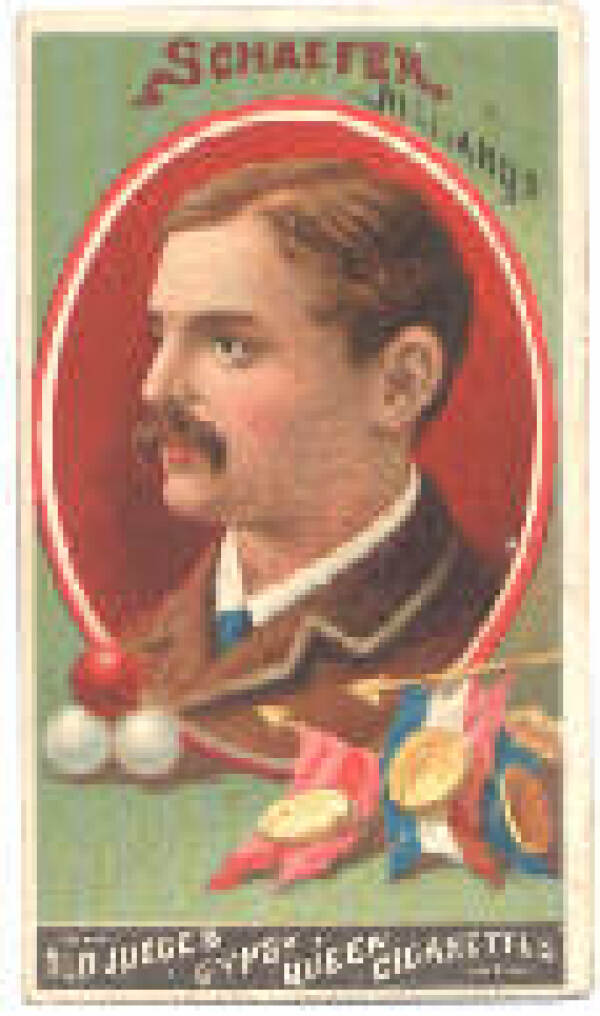 Jacob Schaefer, Sr. tabakskaart, ca. 1880; Schaefer was een dominante biljarter in de 19e eeuw.  