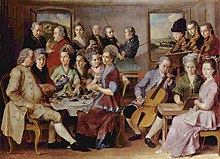 De familie Remy door Januarius Zick, ca. 1776, met biljart en andere salonactiviteiten.  